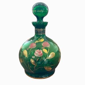 Antique Hand Painted Green Glass Decanter Original Stopper Gold Trim